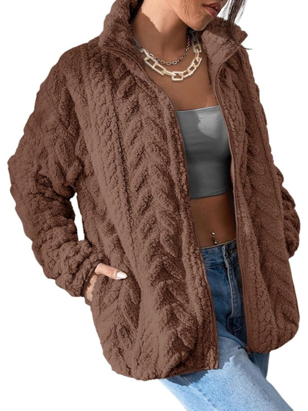 Women's Chestnut Sherpa Fabric Coat Style Loose Fit Zipper Front Fleece Jacket